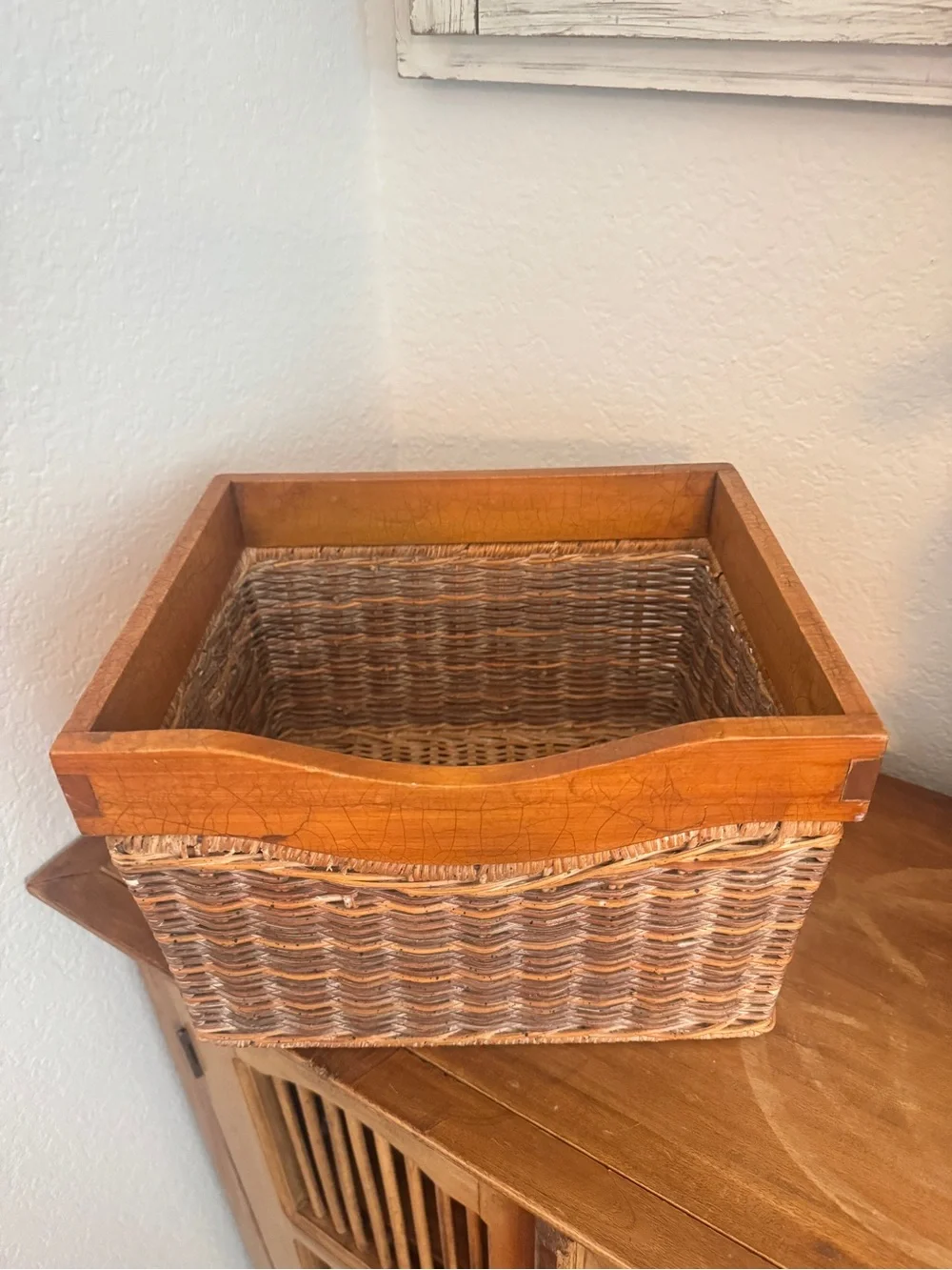 Rustic Woven Basket with Wooden Frame 11"x9"x7.5" Vintage Charm for Home - Picture 5 of 14